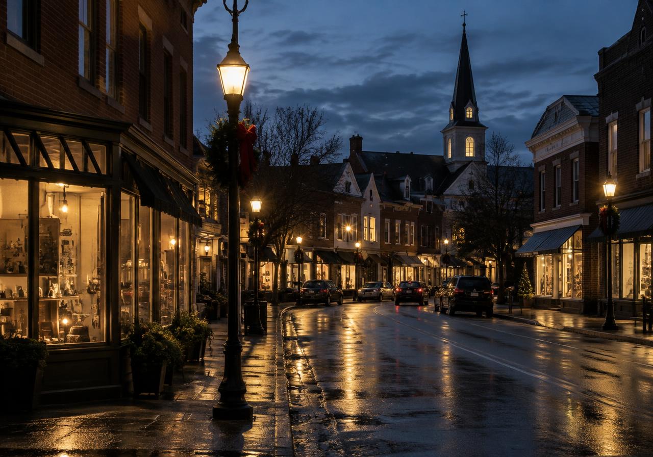 Downtown street with brick buildings and a church steeple at dusk (AI-generated image)