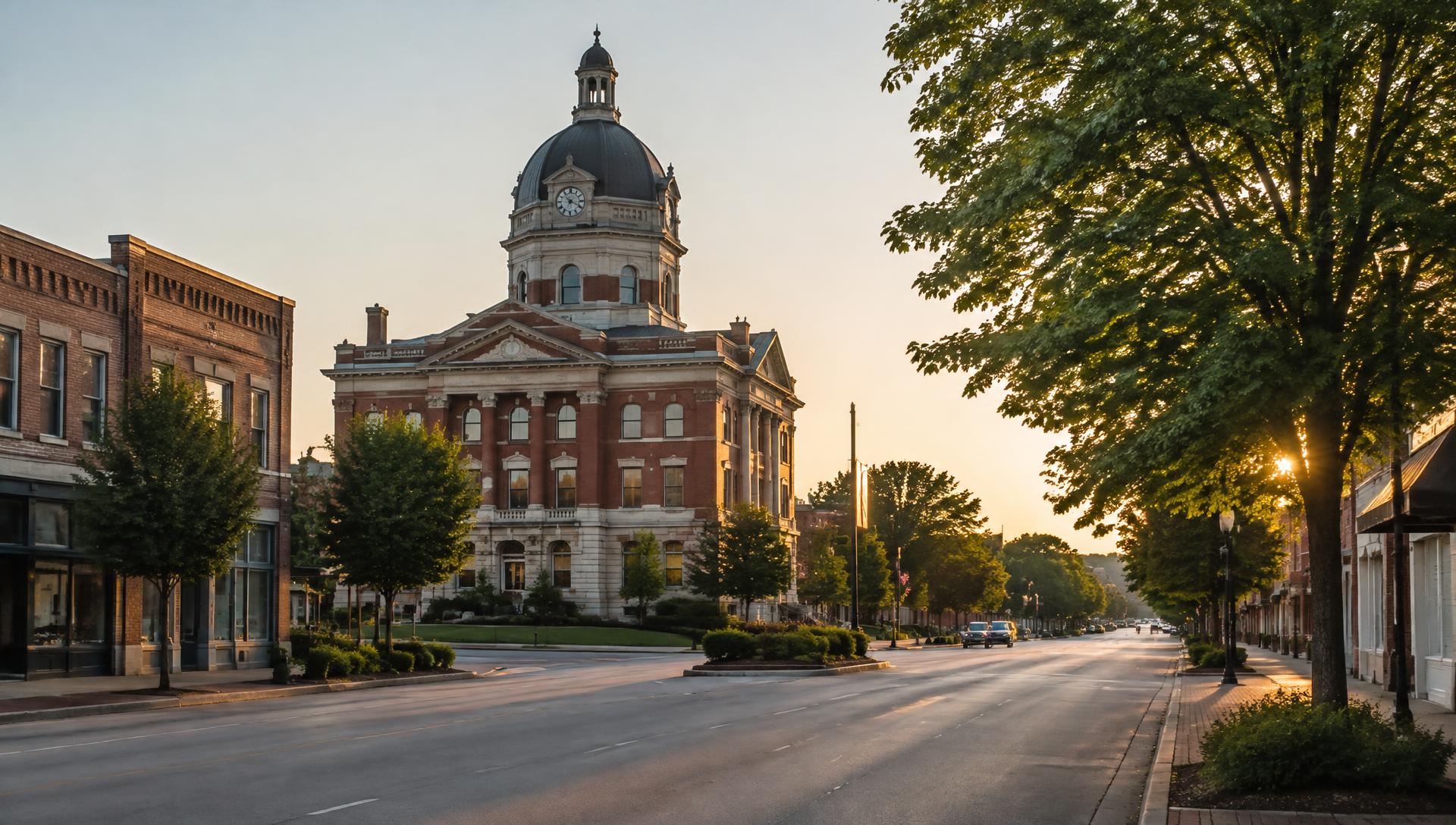 Domed courthouse among brick storefronts at sunset (AI-generated image, not a photograph of Monroe)