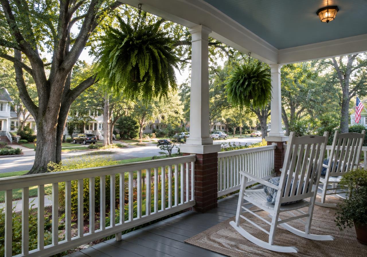 Front porch with rocking chairs facing a tree-lined street (AI-generated image, not a listing)